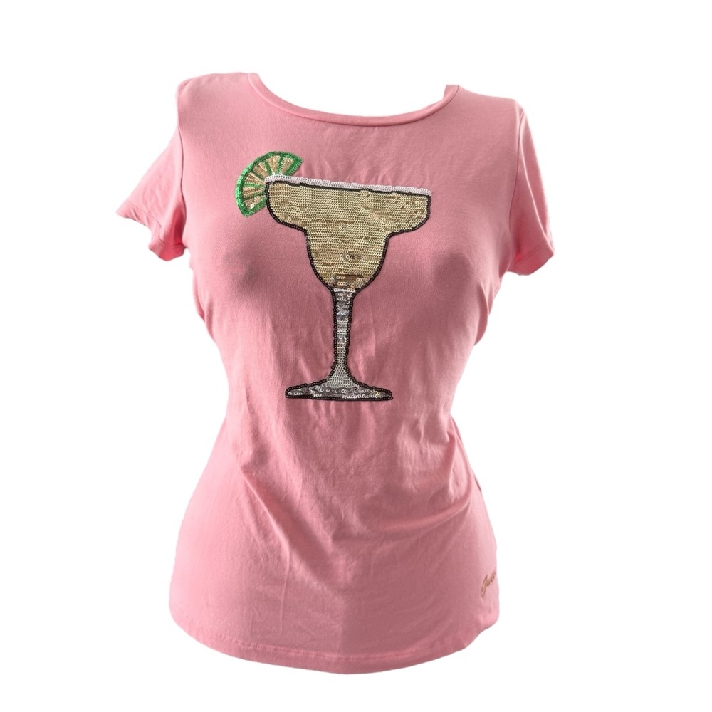 Pink Sequin Cocktail Graphic Tee Margarita Cocktail Guess Size Medium